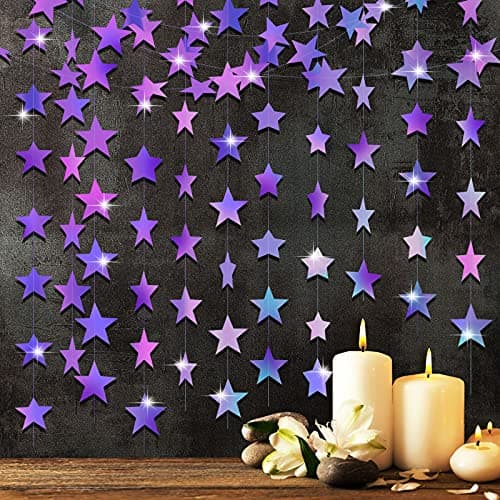 Patelai Glitter Star Garland Banner Christmas Decor 130 Feet Star Hanging Bunting Banner Twinkle Backdrop for Homecoming Classroom Wedding Birthday Halloween Party Supplies(Holographic Purple)