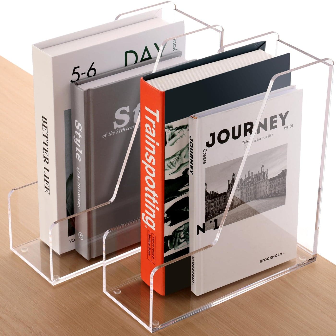 HeZone Magazine Holder Clear Acrylic Desk Organizers File Organizer for Desk Magazine Rack Desktop Book Storage Independent Vertical 1 Space2 Pack