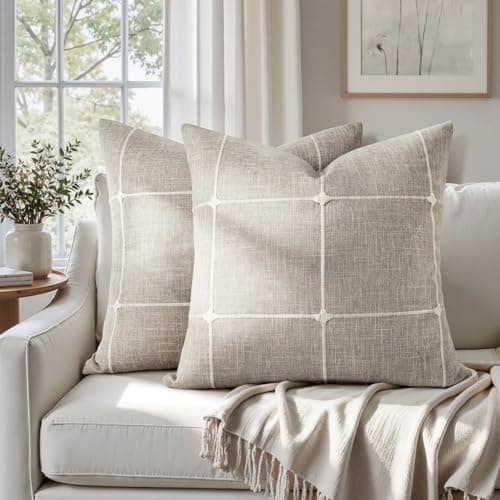 HOMEIDEAS Decorative Plaid Throw Pillow Covers 18x18 Set of 2, Tan Farmhouse Pillow Covers, Neutral Faux Linen Cushion Covers for Couch Sofa Bed Home Decor