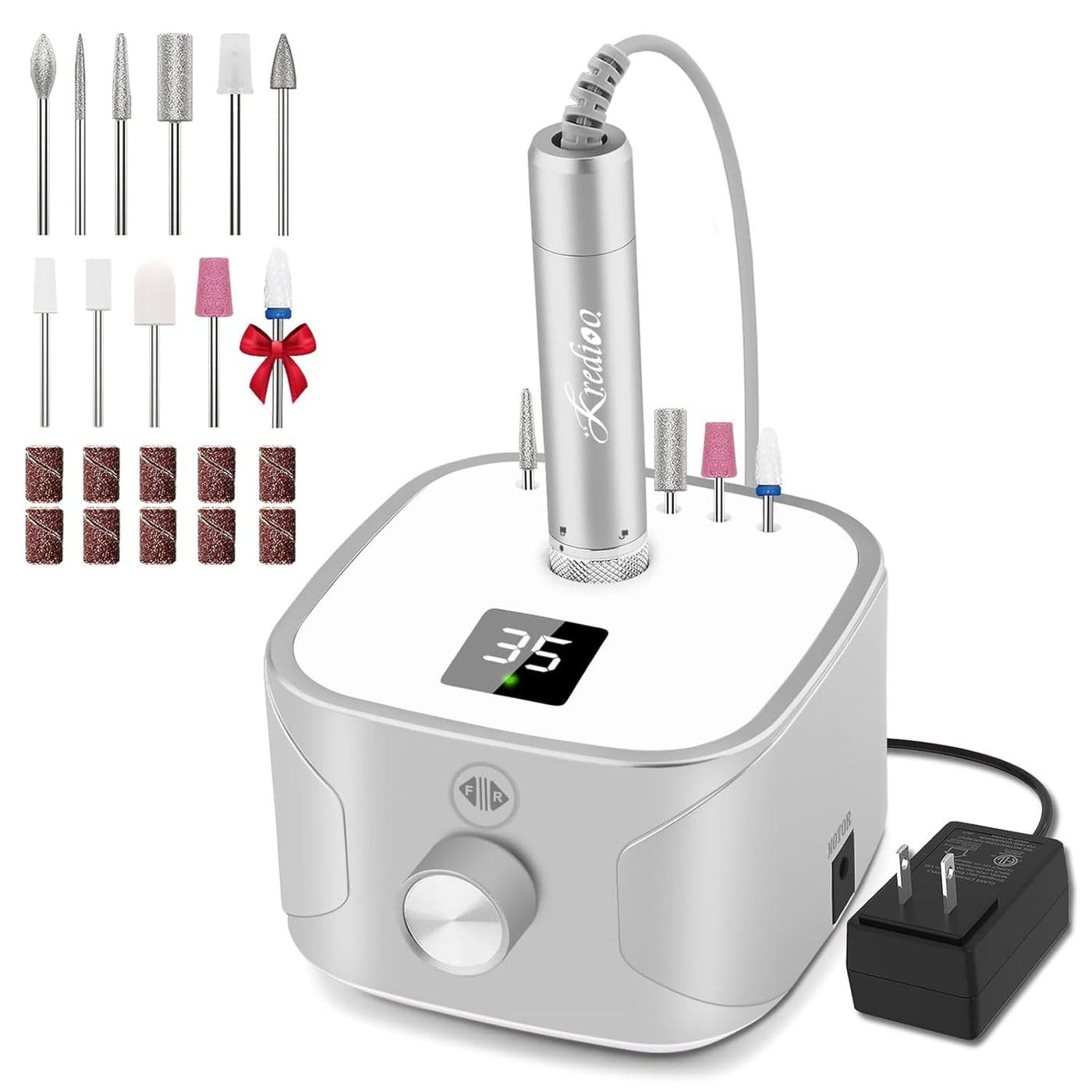 Kredioo 35000 Electric Nail Drill Professional Nail Drill Machine File Efile Kit for Manicure Gel Polish Remover with 11 Bits and Sanding Bands Build-in Bit Holder -Silver