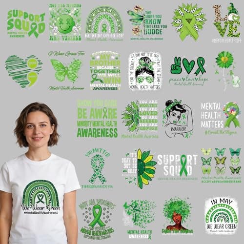 Dazoratix DTF Transfers Ready to Press 20 Sheets Mental Health Awareness Month Green Ribbon Iron on Patches Heat Stickers Vinyl Decals for T Shirts Clothing Bag Hat DIY Crafts Appliques Decorations