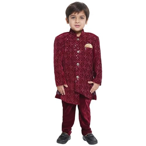 AJ DEZINES Boys Maroon Velvet Embroidered Sequin Sherwani Set (18-24 Months)