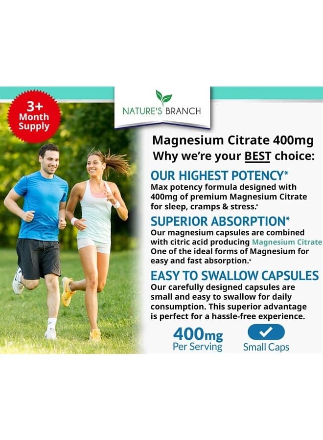Magnesium Citrate 400mg - 200 Capsules - High Potency for Sleep, Leg Cramps, Extra Strength Absorption, Easy to Swallow Pills for Women & Men, Vegan Supplement Not Tablets - Made in USA
