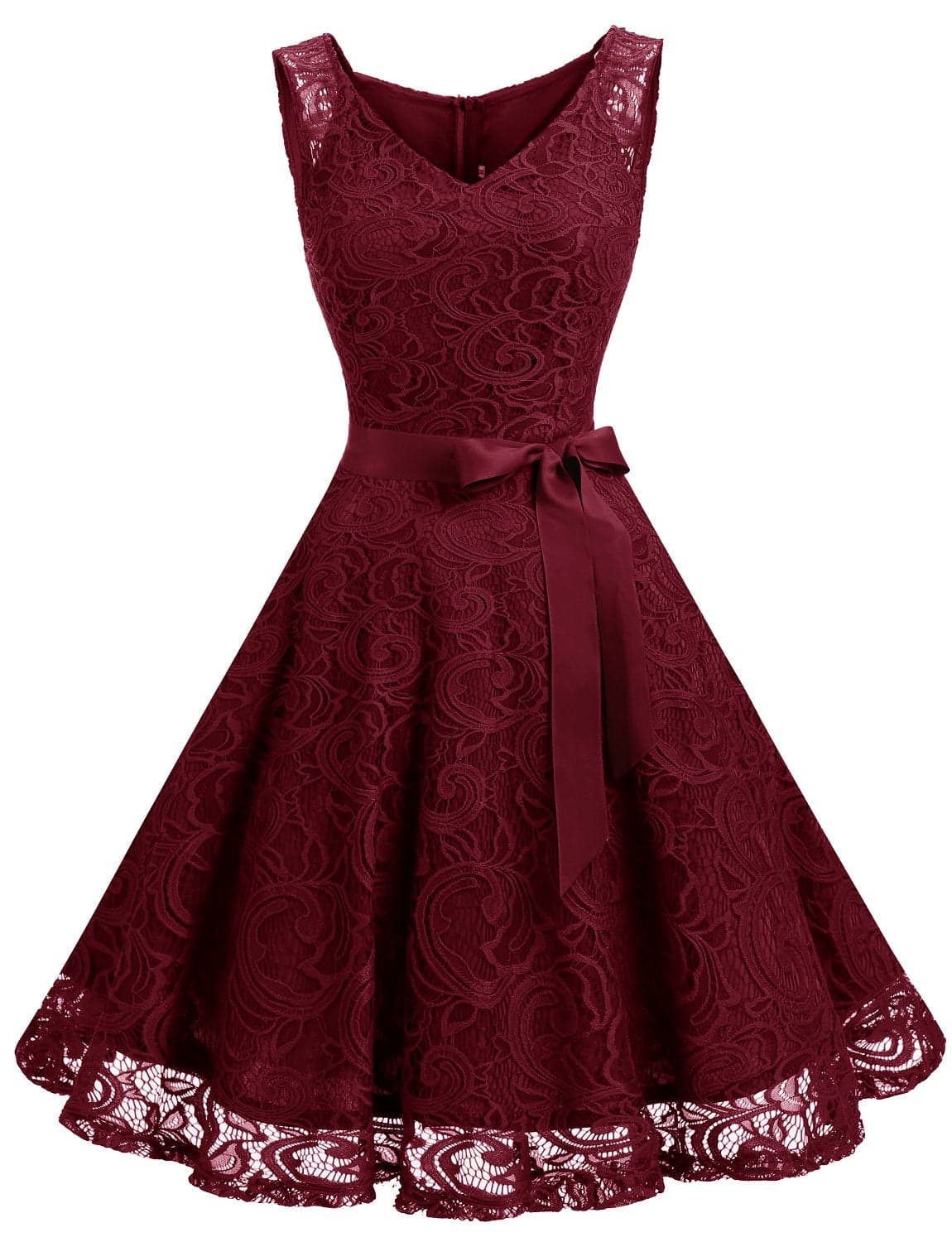 Dressystar 0010 Women Floral Lace Bridesmaid Party Dress Short Prom Dress V Neck Burgundy M