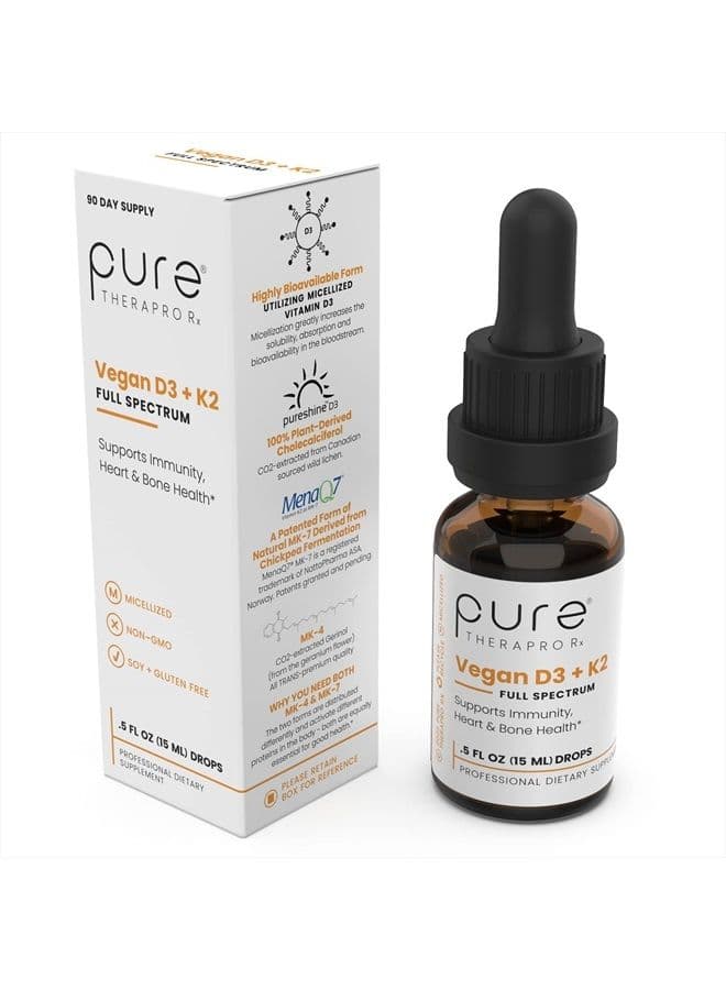 Vegan D3 + K2 Organic Full Spectrum Liquid for Maximum Absorption, Vitamin D3 and Vitamin K2 Supplements for Men and Women, D3 Vitamin 5000 IU, Liquid Vitamin D3 with K2-0.5 FL Oz