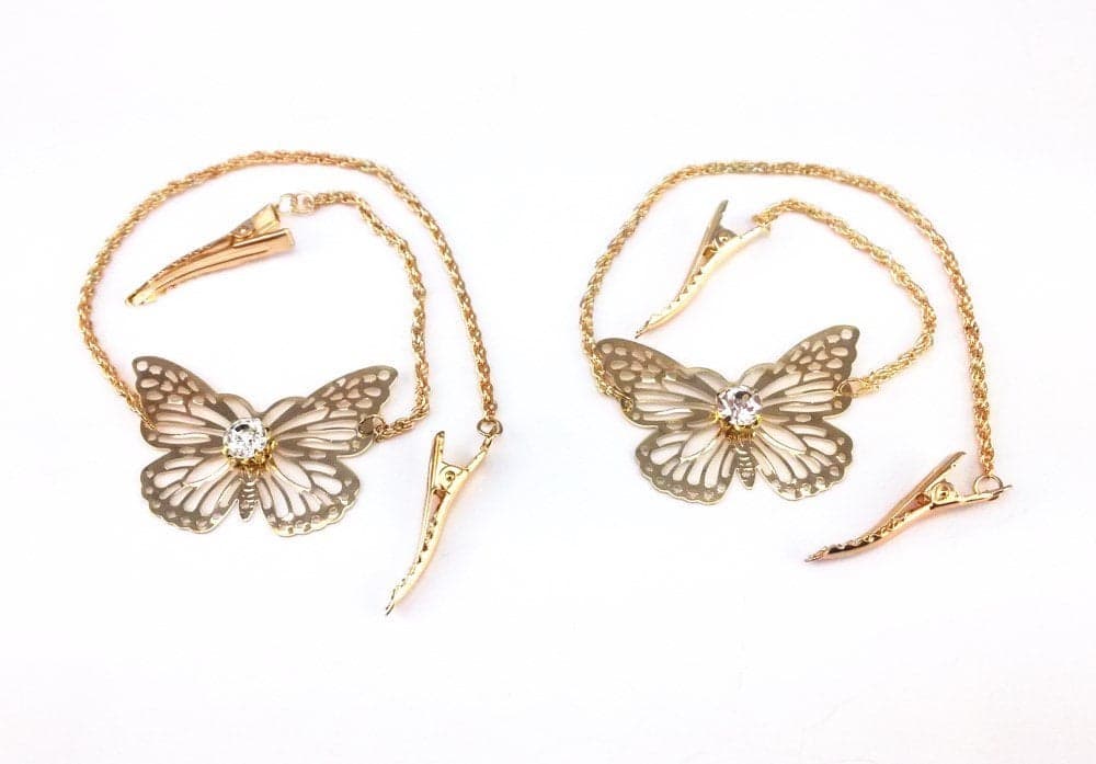 yueton 2pcs Fashion Ladies Rhinestone Gold Butterfly Chain Alligator Clips Barrettes Bobby Pin Hair Clips Bride Headwear Edge Clip Clamps Headbands