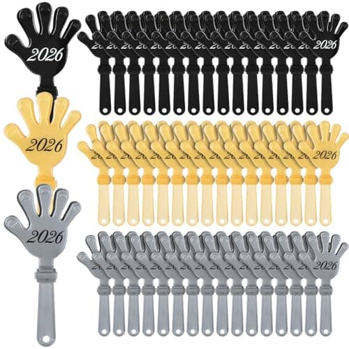 Gemscream 48 Pcs 2026 Happy New Year Hand Clappers Noisemakers New Years Eve Glitter Clappers Noisemakers Black Silver Gold Plastic Clapping Hands for Graduation Birthday Party Favors Supplies 7 In