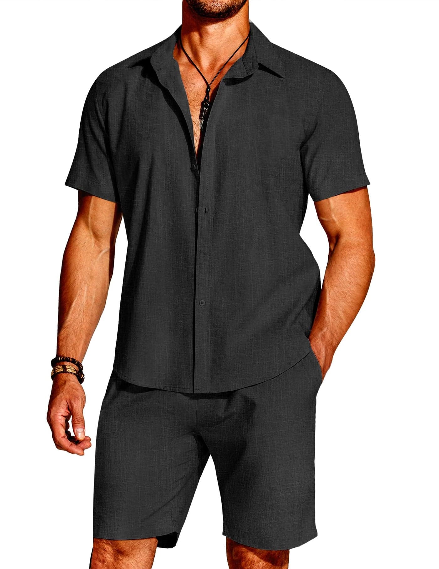 COOFANDY Men's Two Piece Summer Sets Linen Button Up Short Sleeve Shirts Wedding Matching Island Beach Shorts Black