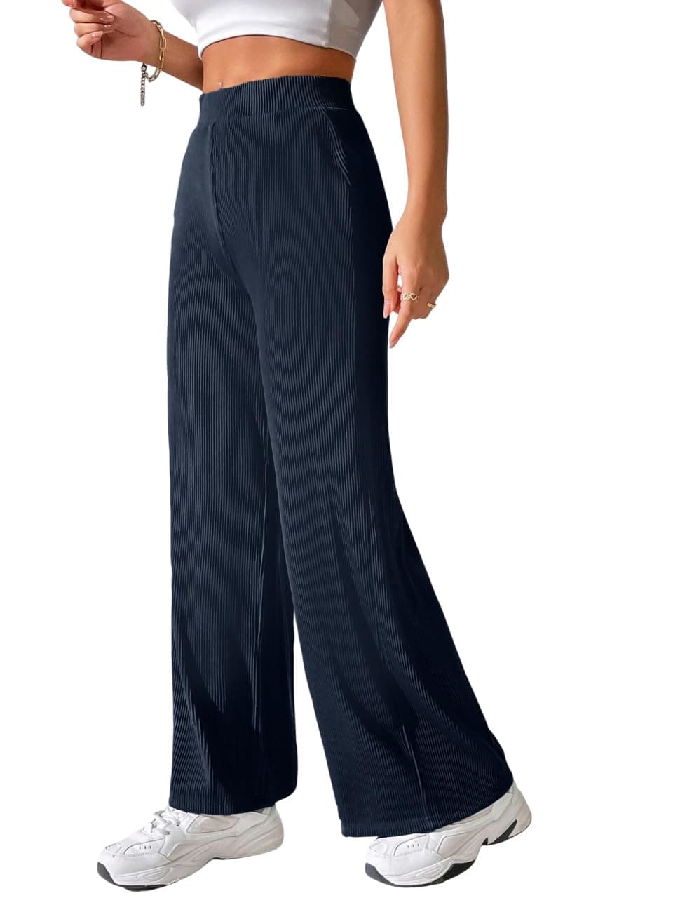 Preneum Women High Waist Korean Wide Leg Trousers, Loose Fit Casual Lounge Pants, Travel, Office & Streetwear Comfortable Stylish Bottom Wear (Available Plus Size) Blue