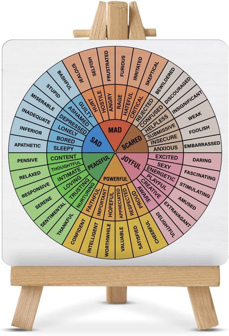 Sarvada Decor Mental Health Sign Mood Wheel Sign Wheel of Feelings Emotions Wood Sign with Easel for School Therapy Office Classroom Desk Shelf Décor