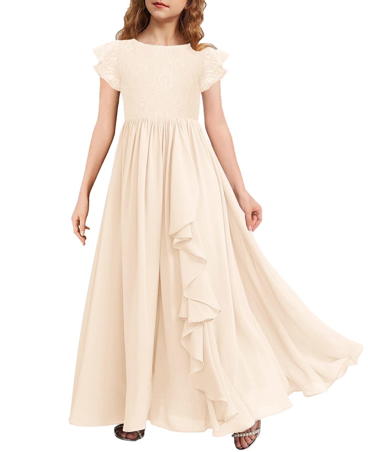 MITILLY Girls Lace Flower Maxi Dress Ruffle Sleeve A-Line Flowy Junior Bridesmaid Chiffon Dresses for Wedding Party 12 Years Cream