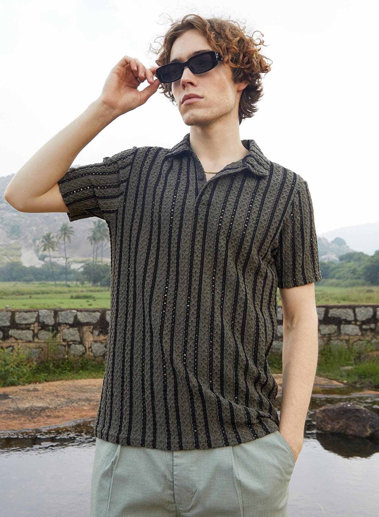 Men's Olive Green & Onyx Black Tactile-Striped Polo T-Shirt