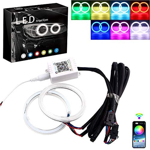 GrandviewTM 1-set 80MM Multi-Color RGB LED Halo Rings Light COB 81SMD Smart Phone iOS Android App Bluetooth Control Car Angel Eyes Circle Ring Headlight Lamp Daytime Running Lights(DRL)12V