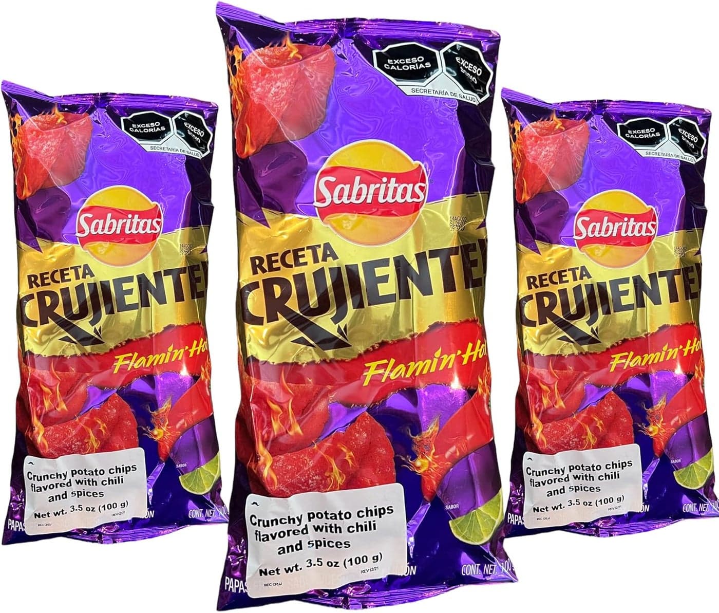 Sabritas Receta Crujiente Flamin' Hot Potato Chips - 3 Pack (3.5 oz Each) - Spicy Mexican Snack