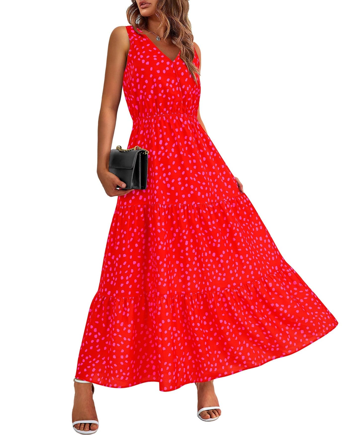 BTFBM Women Summer Dresses Casual Sleeveless Maxi Dresses Cute Floral Long Dress Wedding Guest Dress(Red Flower,Medium)