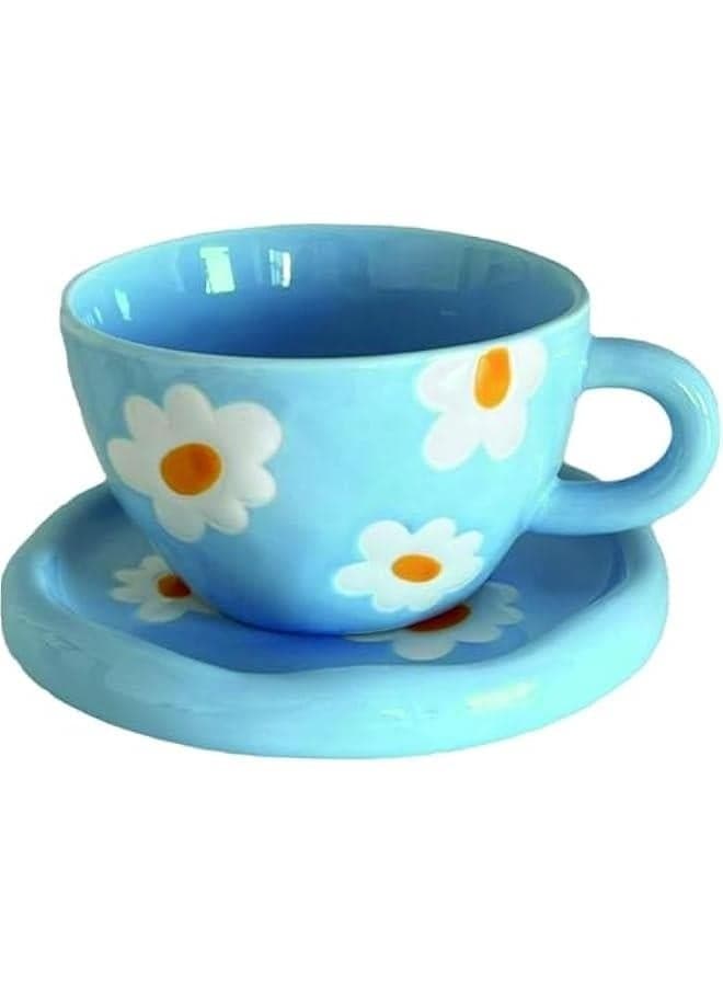 Coffee Mugs Set with Saucer Blue Flowers Cup Gifts for Women Birthday Tea Coffee Mug with Coaster 250 ML Ceramic Cup Birthday Gift for Women Girls Mom Friend Coffee Mug Tea Cup Saucer Set