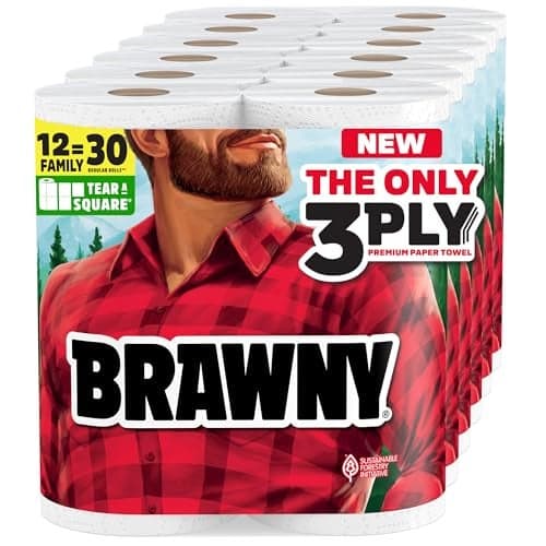 Brawny Tear-A-Square 3-Ply Paper Towels, 12 XL Family Rolls = 30 Regular Rolls, Strong, Absorbent, and Durable with 3 Sheet Sizes (Quarter, Half, Full)