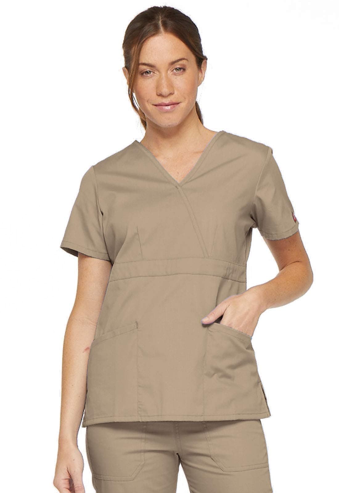 Dickies Womens Signature Mock Wrap Top with Multiple Instrument Loop Medical Scrubs Shirts, Khaki, Large US