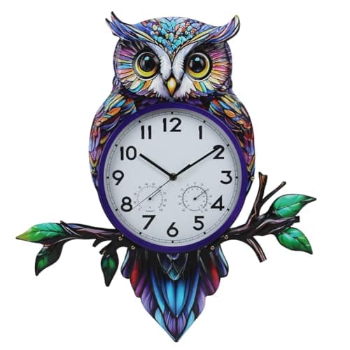 HOBYLUBY Large Outdoor Clock with Thermometer & Humidity, Owl Outdoor Wall Clock Silent No-Ticking Outside Clock for Patio, Living Room, Kitchen