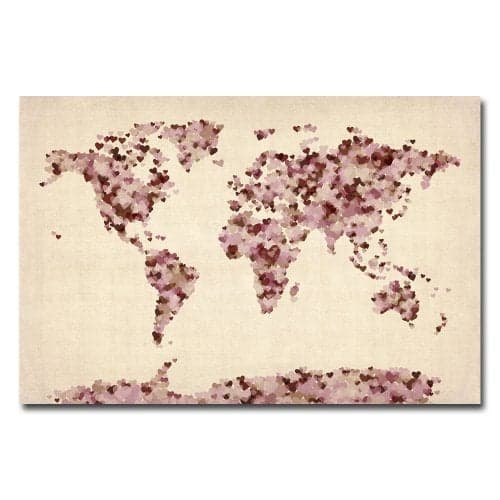 Trademark Fine Art Vintage Hearts World Map Artwork by Michael Tompsett, 18 by 24-Inch