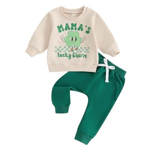 Dewadbow Toddler Baby Boy St. Patrick's Day Outfit Mama's Lucky Charm Sweatshirt Top Pants Set Cute Irish Outfits (Khaki, 12-18 Months)