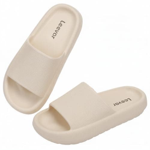 Leevar Cloud Slides for Women and Men - Soft, Comfy, Relax Cloud Slippers, Thick Sole, Non-slip Pillow Slippers, Easy to Clean, Shower, Swimming, Beach, Indoor and Outdoor Pillow Slides, Beige,
