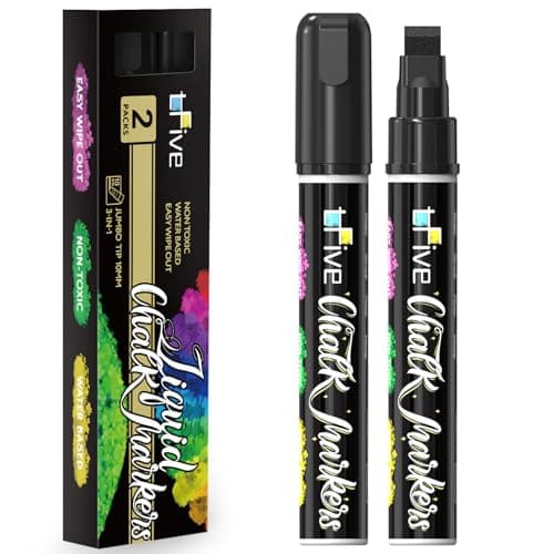 TFIVE Black Liquid Chalk Markers 2 Pack Jumbo Chalk Pens with 10mm 3 in 1 Nib Wide Tips Dry Wet Erase Marker Pens for Glass Chalkboard BlackBoard Windows Calendar Pumpkin Mirror