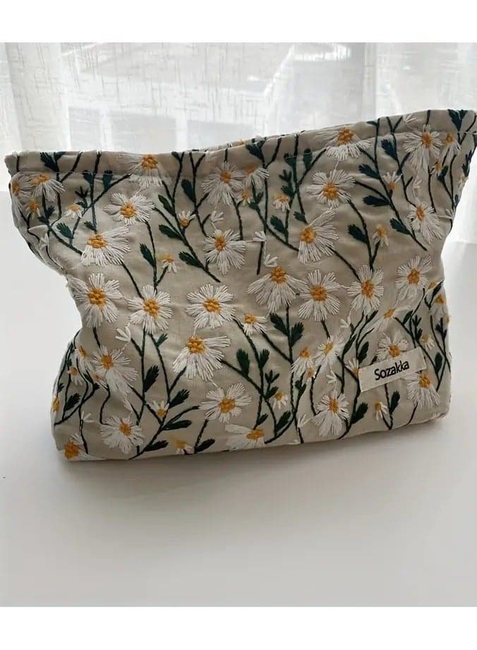 Roomy Flower Embroidered Makeup Bag with Zippered Closure Perfect for Travel and Organizing Makeup Brushes and Toiletries