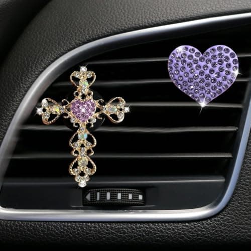 2PCS Bling Cross Heart Car Dashboard Air Vent Trim Clip Sparkly Rhinestone Car Air Vent Clips Diamond Auto Diffuser Charm Clip Auto Interior Decoration Accessory for Women Girls Purple