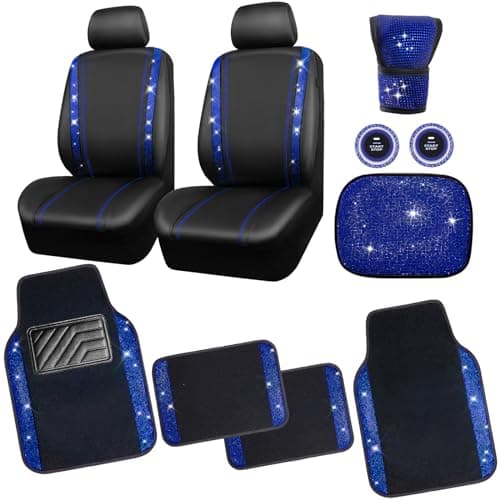 CAR PASS Bling Diamond Car Seat Covers Blue Rhinestone Black Leather Shining Car Floor Mats Carpet with AntiSlip Nibs Shining Car Accessories Sets Glitter Sparkly Crystal Universal Fit for Girl Women