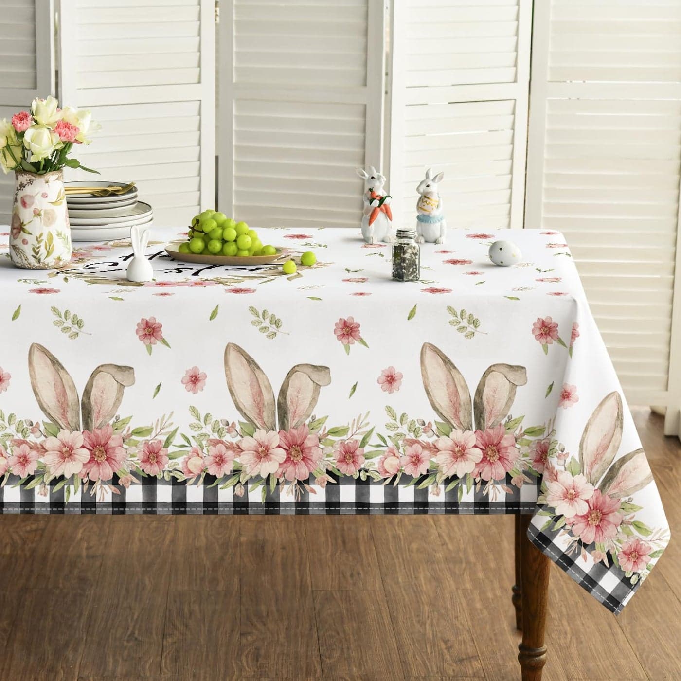 Horaldaily Easter Tablecloth 60x84 Inch Rectangular Spring Flower Buffalo Plaid Bunny Ear Table Cover for Party Picnic Dinner Decor