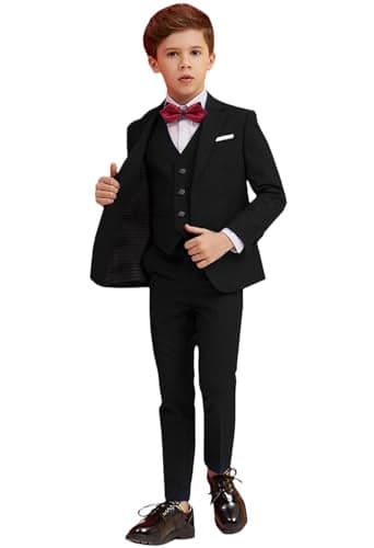 Boy Black Suit Size 14 Slim Fit Suits for Kids Formal Suit 5 Pcs Boys Tuxedo with Blazer Vest Pants Shirt and Bow Tie