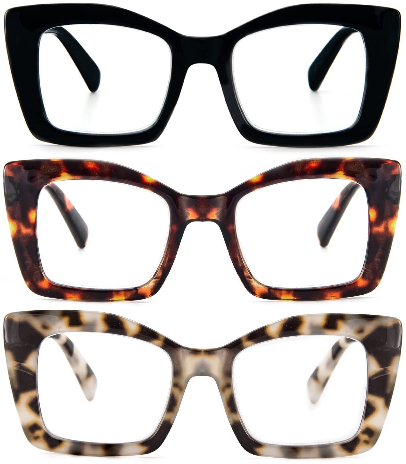 REAVEE 3 Pack Oversized Square Reading Glasses Oprah Style for Women Blue Light Blocking Large Frame Computer Designer Fashion Readers with Spring Hinge BlackTortoiseGrey Tortoise15