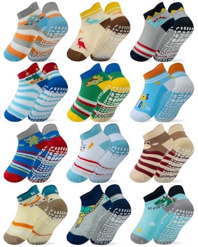 RATIVE Ankle Anti Slip Non Skid Organic Cotton Socks with Grips Grippers for 1 2 Years Old 2T 12 18 Months Toddler Boy Boys Girl Girls (2T-3T, 12-Pairs/Animal world)