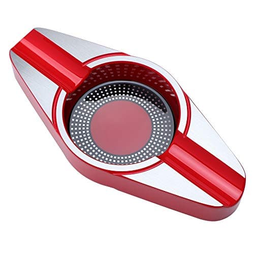 VEXO Cigar Ashtray Metal Ash Tray with Double 2 Cigar Holders and Large Basin for Outdoor Patio Indoor Home and Office Use (Red)