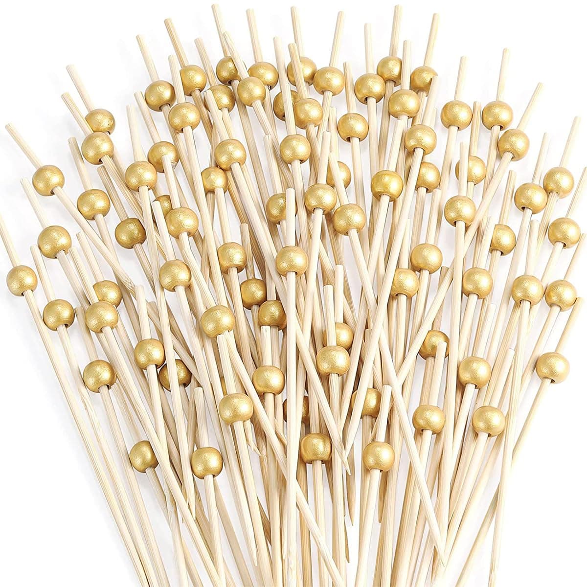 Supvox 100Pcs Fruit Pick Bamboo Toothpicks Fruit Garnish Sticks Bamboo Toothpicks Party Supplies Elegant Golden Bead Fruit Pick for Banquet Party Festivals Deli Food Picks Toothpicks 47 Inch