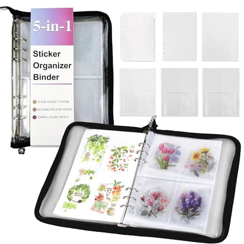Eastvio 5in1 Sticker Organizer Book Reusable A5 Storage Binder with 220 Pockets10 Release Papers Zipper Album Sticker Collecting Display Keeper Black