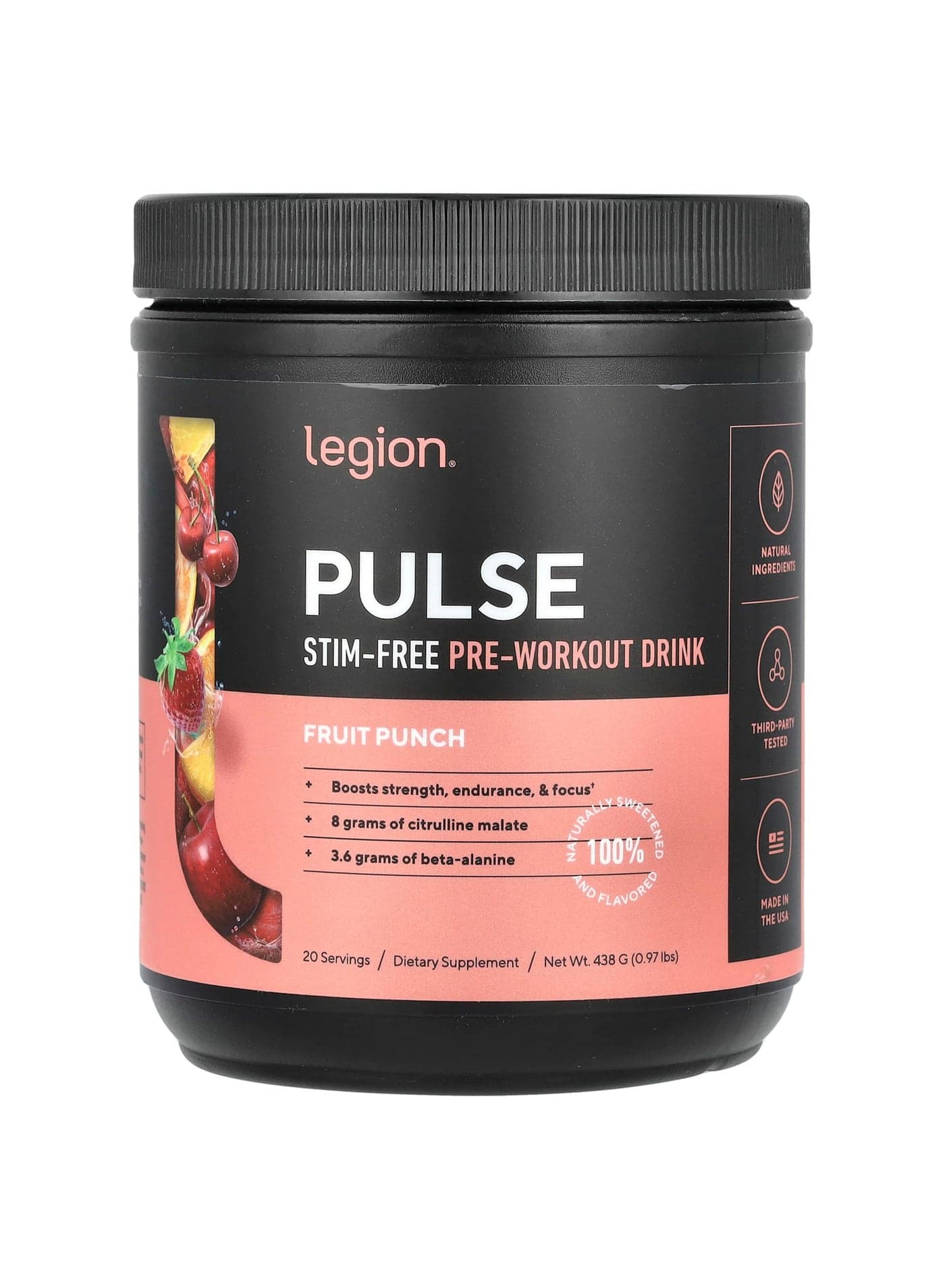 Pulse, Stim-Free Pre-Workout Drink, Fruit Punch, 0.97 lbs (438 g)