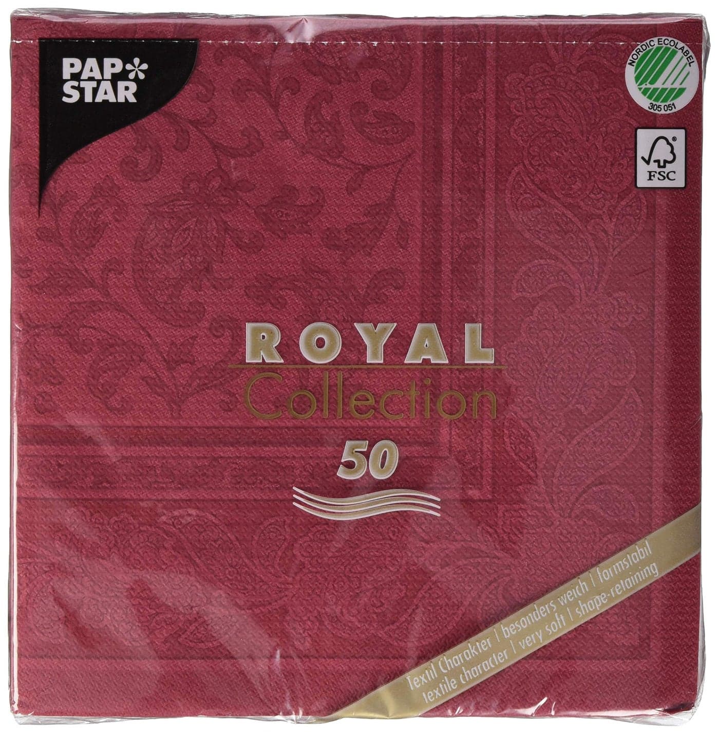 Papstar 11668 50 Serviettes ROYAL Collection 14 Fold 40 x 40 cm Ornaments Bordeaux