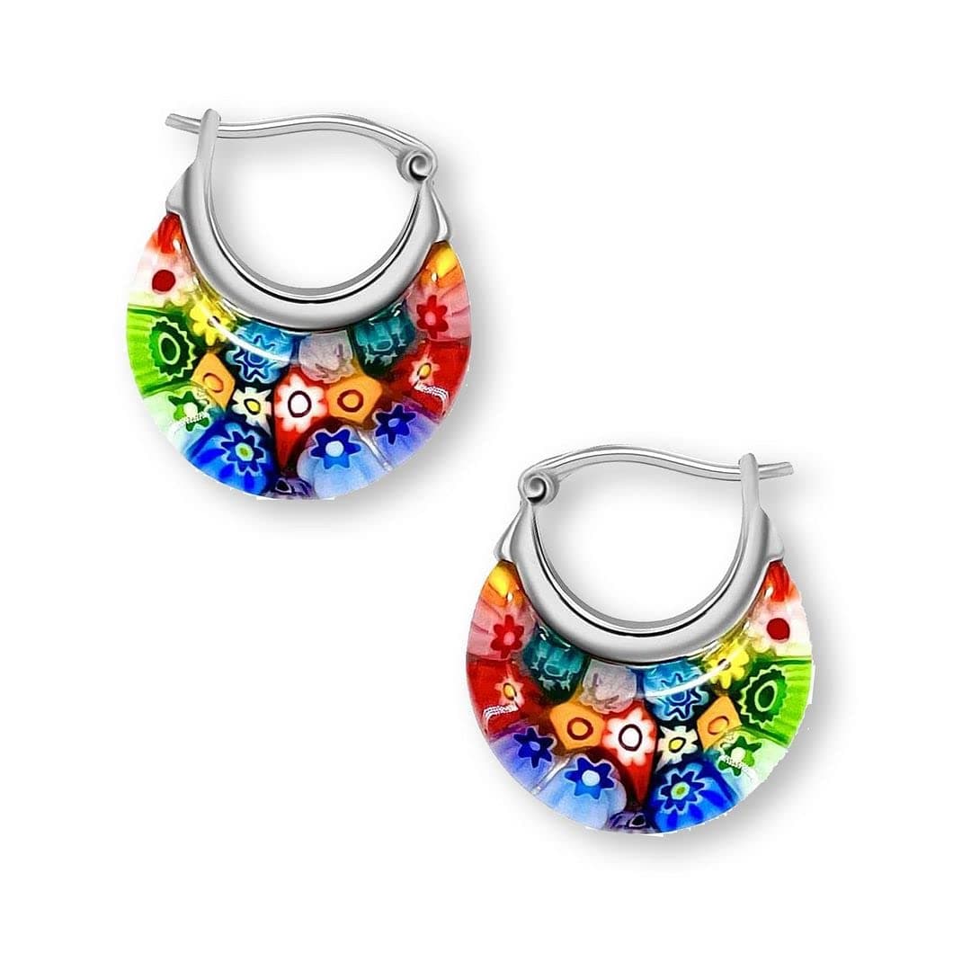 Murano Style Glass Hoop Earrings for Women Trendy Daisy Flower Stainless Steel Dangle Fun Vibrant Colors Teacher Glass Jewelry Unique Gifts for Women Birthday Anniversary 11.6 Gms