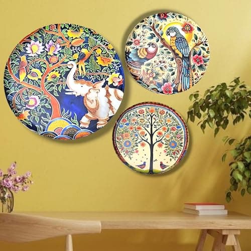 Noblenest 3 Pcs Madhubani Metal Wall Plates 12, 10, 8 Inch, Wall Decoration Items For Living Room, Bedroom, Office | Wall Decor, Gift Items, Wall Hanging Decorations (Madhubani 3)