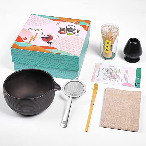 ZENRC Ceremony Matcha Kit - Traditional Bamboo Matcha Whisk (Chasen) Scoop (Chashaku) Chawan Bowl with Pouring Spout Whisk Holder Sifter Tea Tray- The Perfect Matcha Set (Charming Black, Set of 6)
