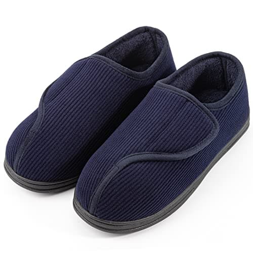 LongBay Men's Memory Foam Diabetic Slippers Comfy Warm Plush Fleece Arthritis Edema Swollen House Shoes (9, Navy Blue)