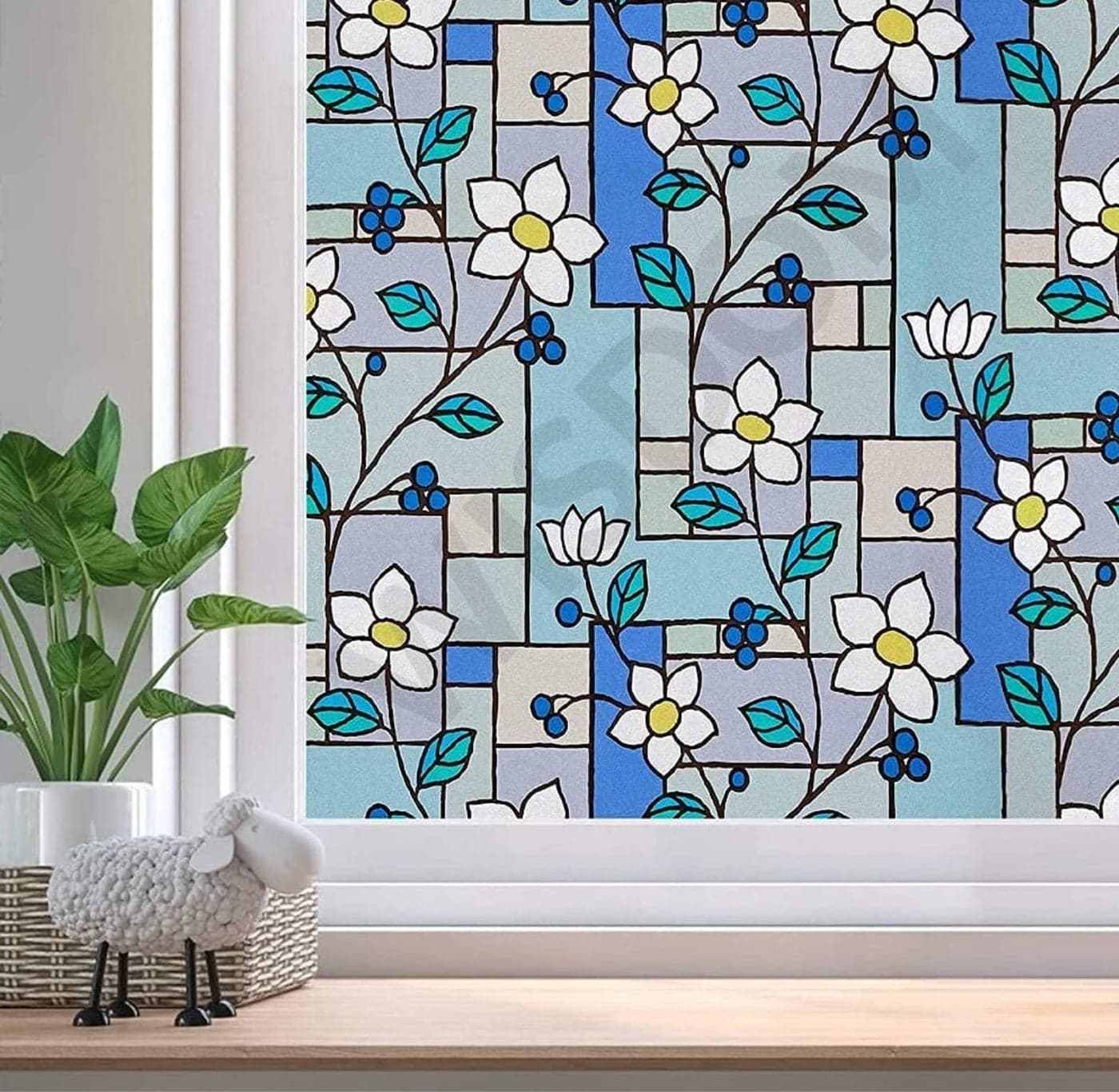 WISDOM Privacy Window Film Frosted Glass Film Glass Film No Glue Anti-UV Window Sticker Non Adhesive for Privacy Office Meeting Room Bathroom Living Room (Flower Pattern, 24 x 96)