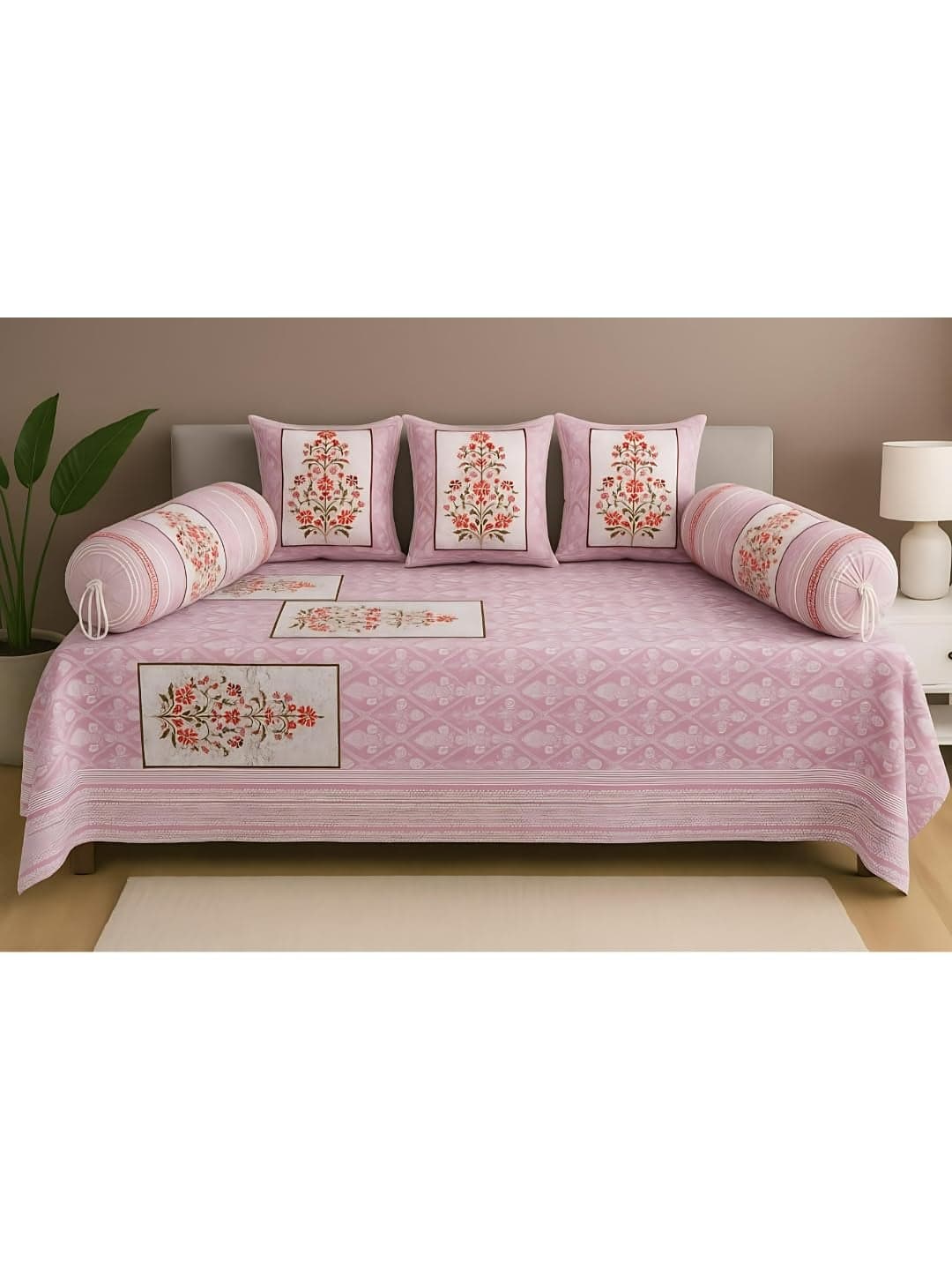 UrbanArts Premium Diwan Set Covers Cotton 6 Pieces Pure Cotton Designer Printed Standard Diwan Set (1 Single Bedsheet, 2 Bolster Covers, 3 Cushion Covers) Style24