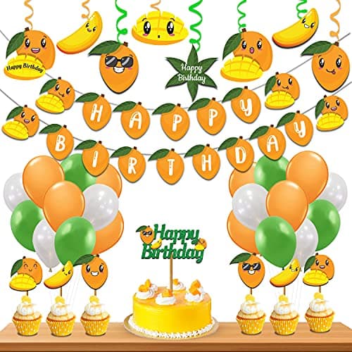 Festiko® Mango Fruit Happybirthday Theme Party Decoration Combo For Cake Cuttin,Mango Fruits party Favors for Kids Birthday Decoration(Cake Topper + 6 cup Cake Topper)