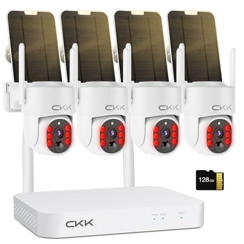 2.5K Wireless Solar Security Camera System, 4 Pack 360° View PTZ WiFi Cameras, Full Color Night Vision,Easy Setup, 2-Way Audio,10CH WiFi NVR with 128GB Storage, PIR Alarm, Compatible with Alexa