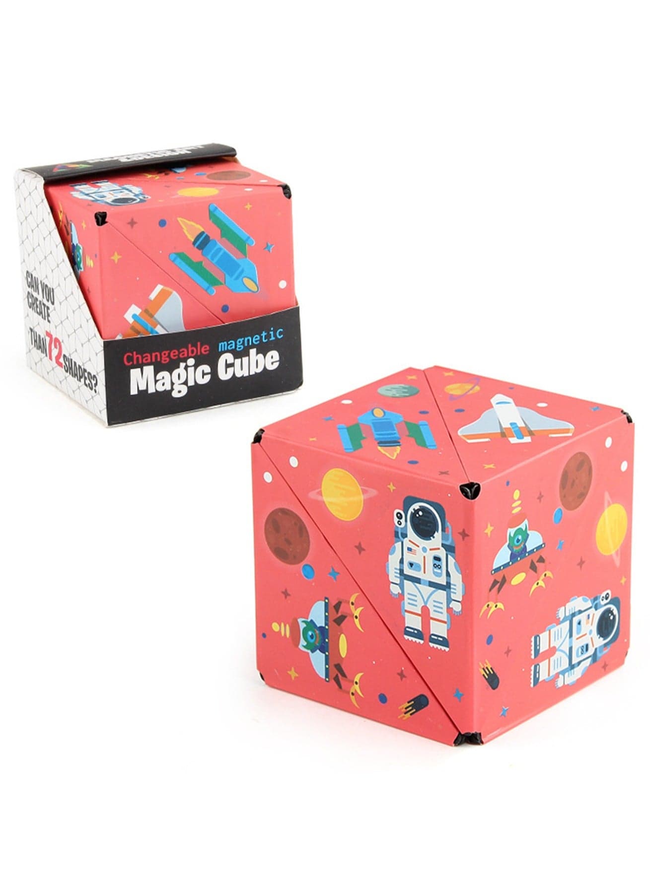 Geometric Three-Dimensional Magnetic Wooden Magic Cube Toy 3d Magnetic Building Blocks Decompression Infinite Flip (Red Space Cube)