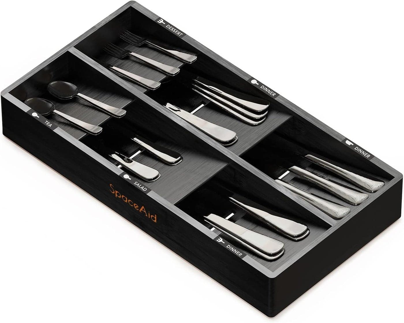 SpaceAid Bamboo Silverware Drawer Organizer with Labels Kitchen Utensil Tray Holder Organizer for Flatware Cutlery Spoon and Knives Drawer Storage Organization Black 6 Slots