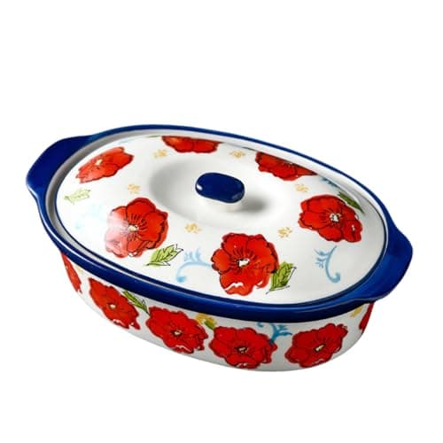 Floral Ceramic Casserole Dish with Lid – 40oz Oval Baking Dish, Oven-Safe Stoneware for Lasagna, Roasting, Serving – Elegant Floral Design, Microwave & Dishwasher Safe – Perfect for 1-2 Person